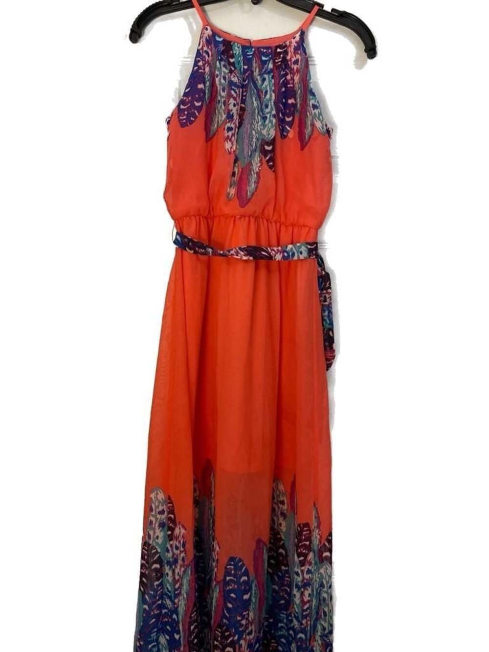 Amy Byer Coral Feather Print Halter Maxi Dress Size 12